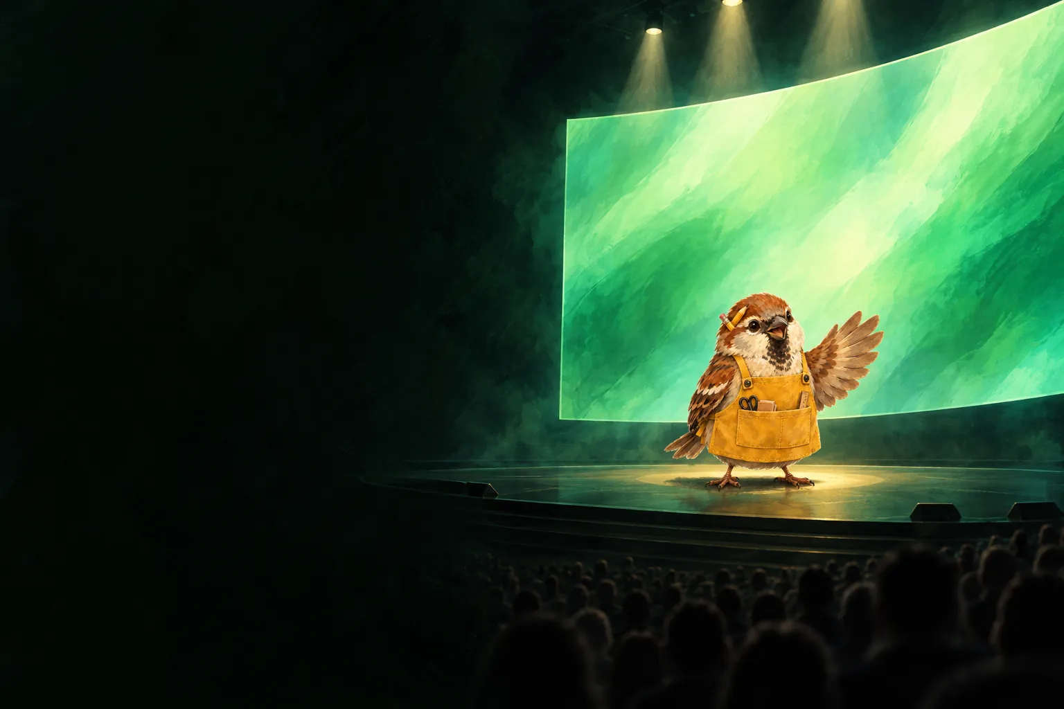Tinbird the sparrow presenting on a vast stage in front of a glowing green screen and a packed audience