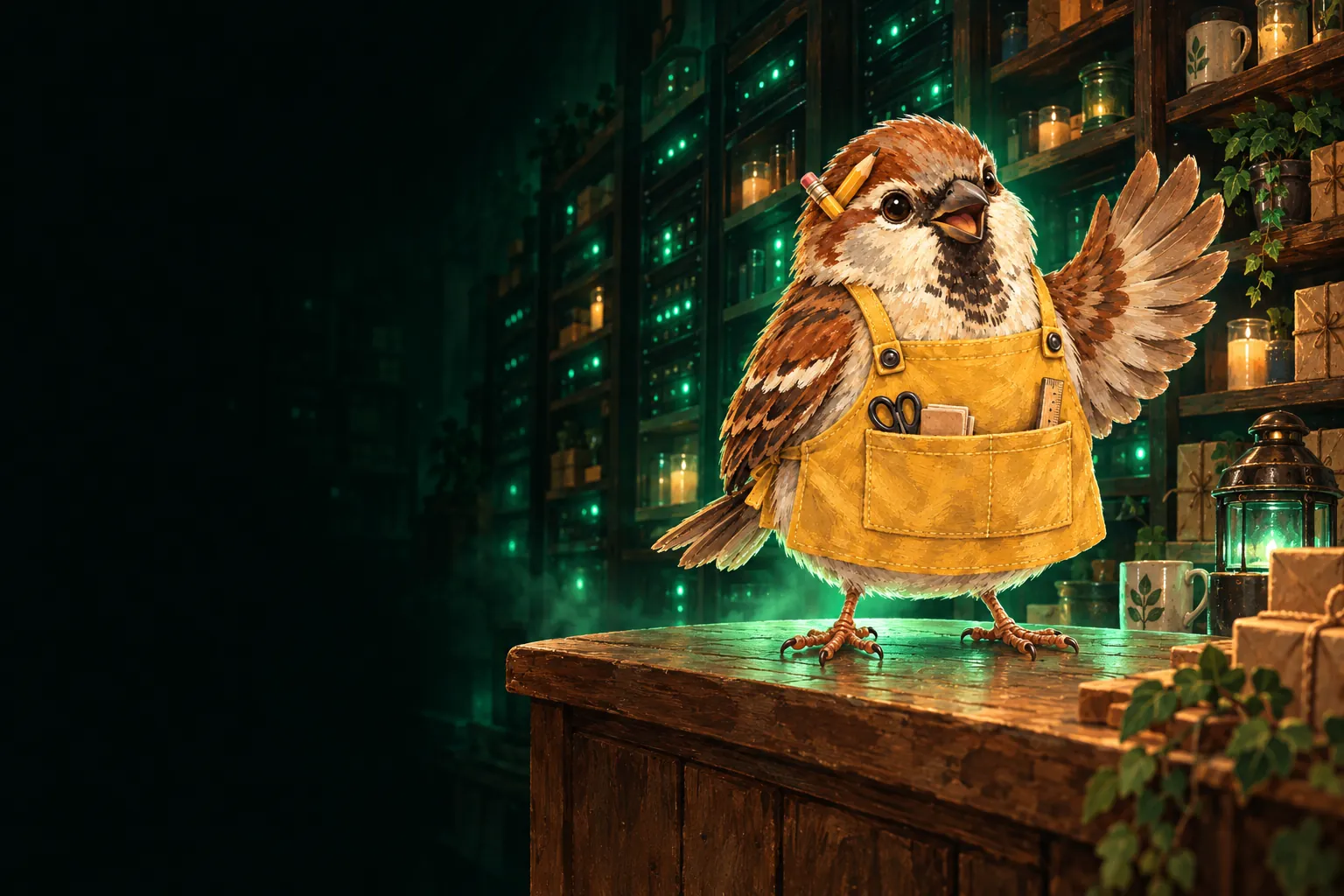 Tinbird the sparrow on a shop counter in front of tall shelves of mugs and candles, glowing green like a data centre