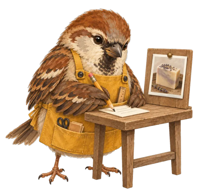Tinbird the sparrow writing at a little desk